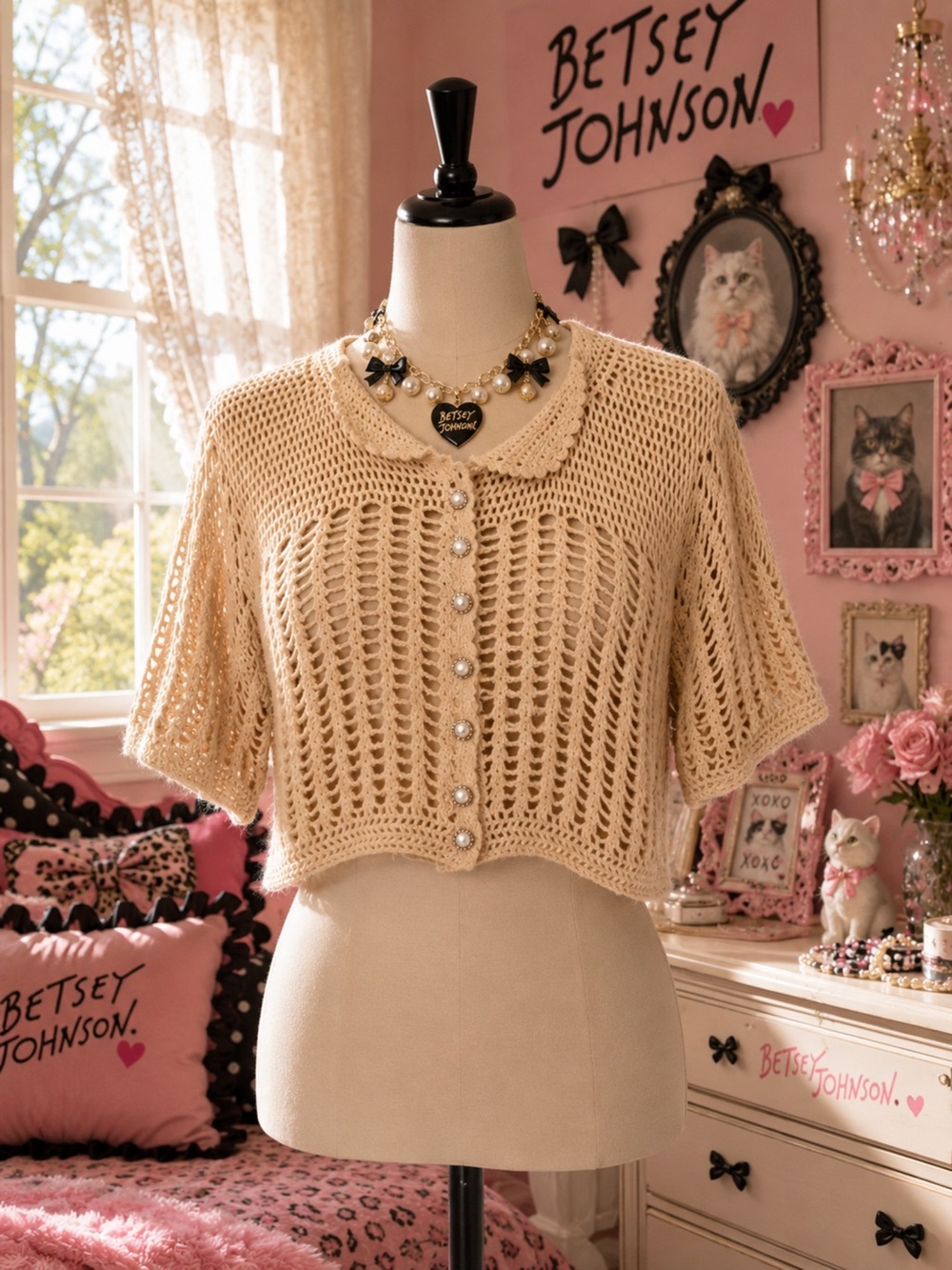 Vintage Y2K Betsey Johnson Beige Open-Knit Cropped Cardigan with Pearl Buttons